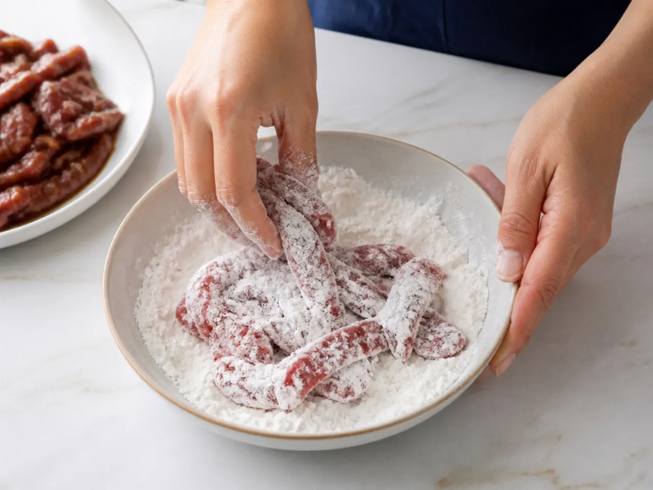 authentic mongolian beef — step 3: coat the beef in cornflour