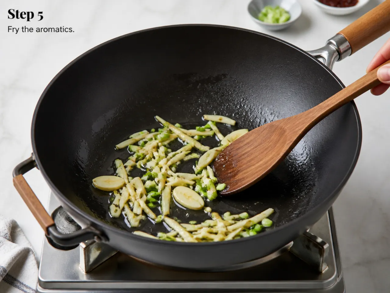 authentic mongolian beef — step 5: fry the aromatics