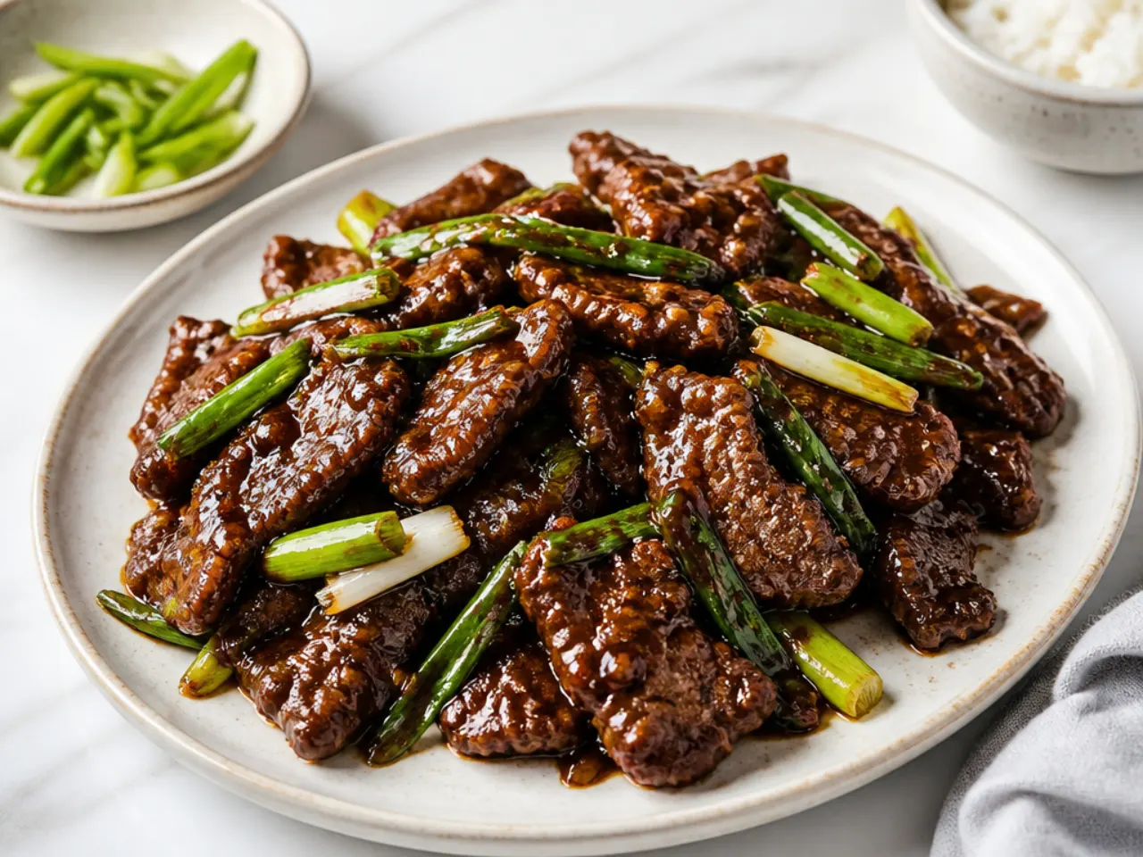 Crispy authentic Mongolian beef with spring onions in a glossy soy glaze