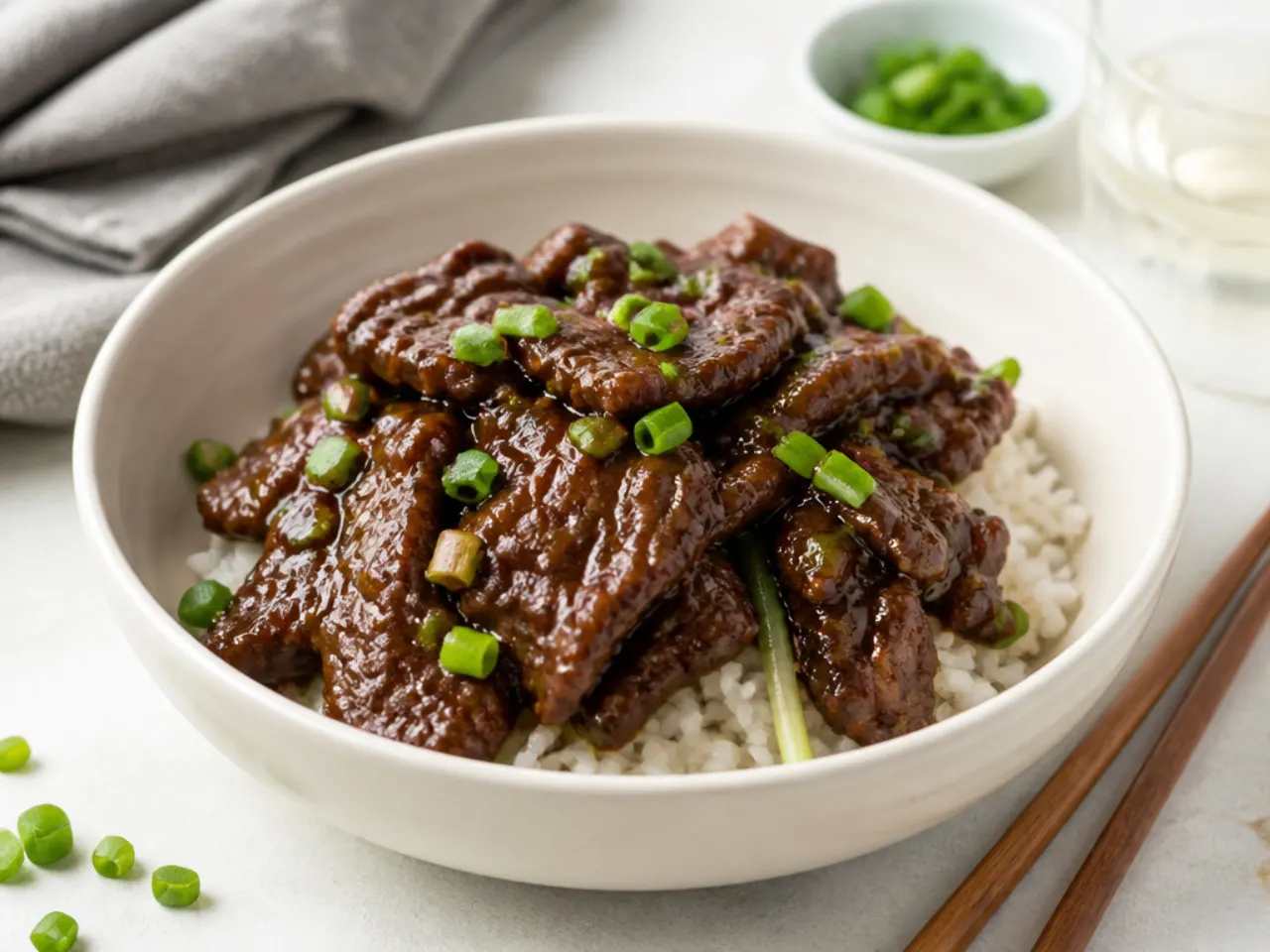 Classic authentic Mongolian beef made with crispy flank steak over jasmine rice
