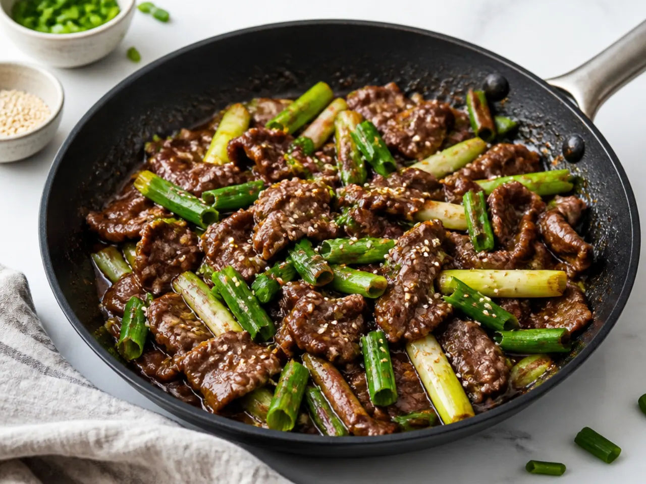 Quick one-pan authentic Mongolian beef stir fry ready in 20 minutes