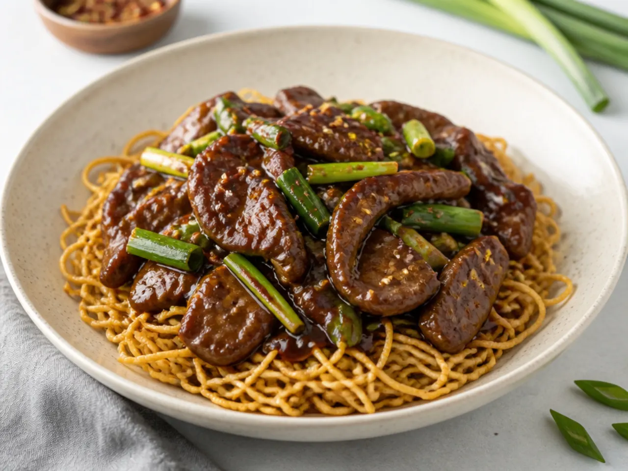 P.F. Chang's style authentic Mongolian beef copycat served over crispy noodles