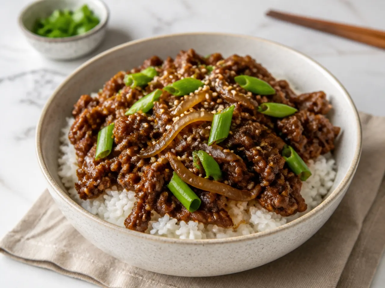 Ground beef Mongolian beef bowl with jasmine rice and sesame seeds