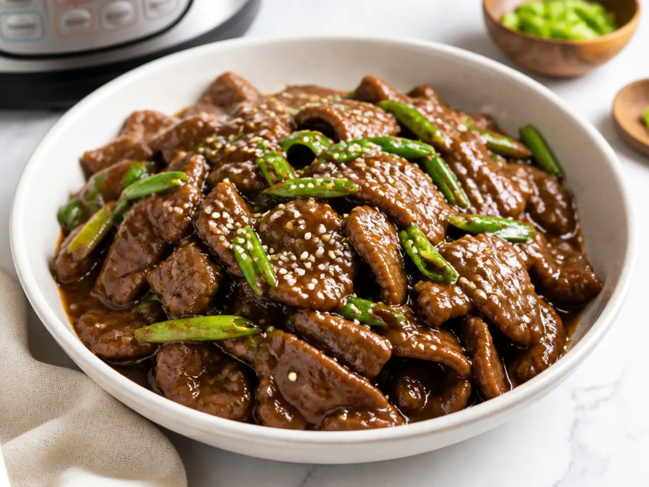 Instant Pot authentic Mongolian beef in a thick garlic ginger sauce