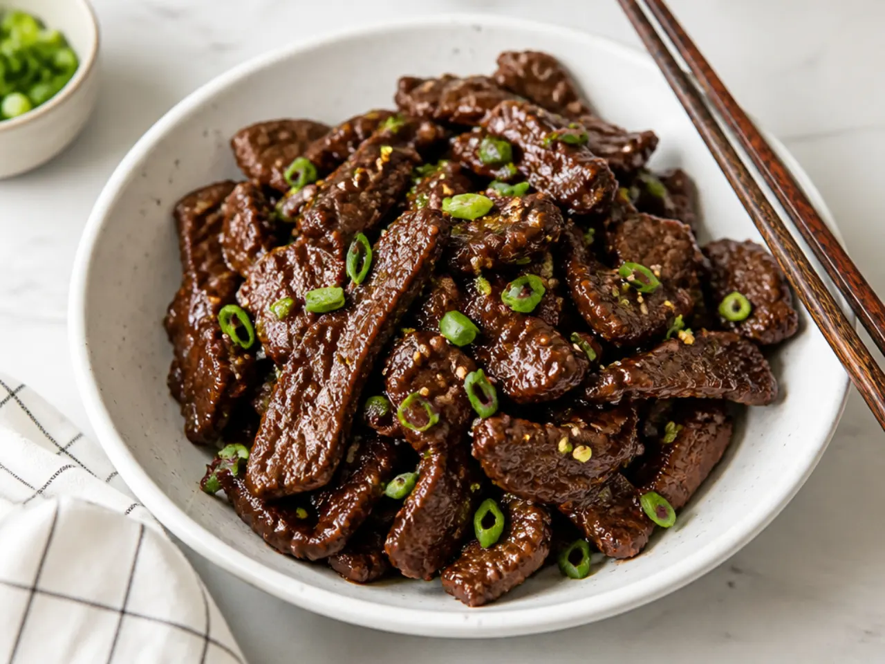 Air fryer authentic Mongolian beef strips with crispy browned edges