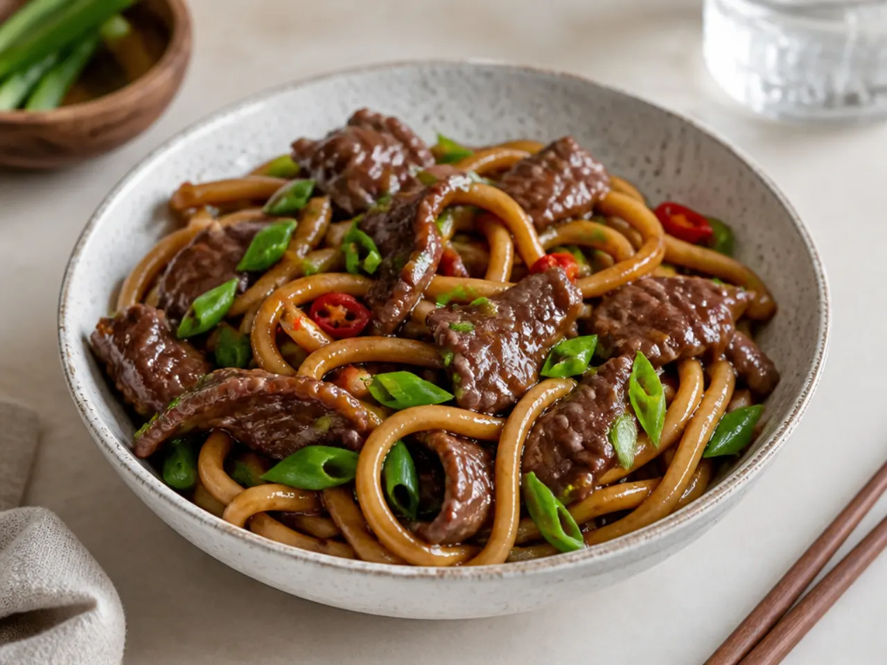 Authentic Mongolian beef udon noodles tossed in sticky soy sauce