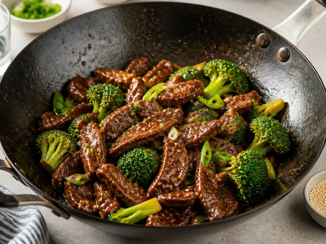 Mongolian beef and broccoli stir fry in a wok with glossy sauce