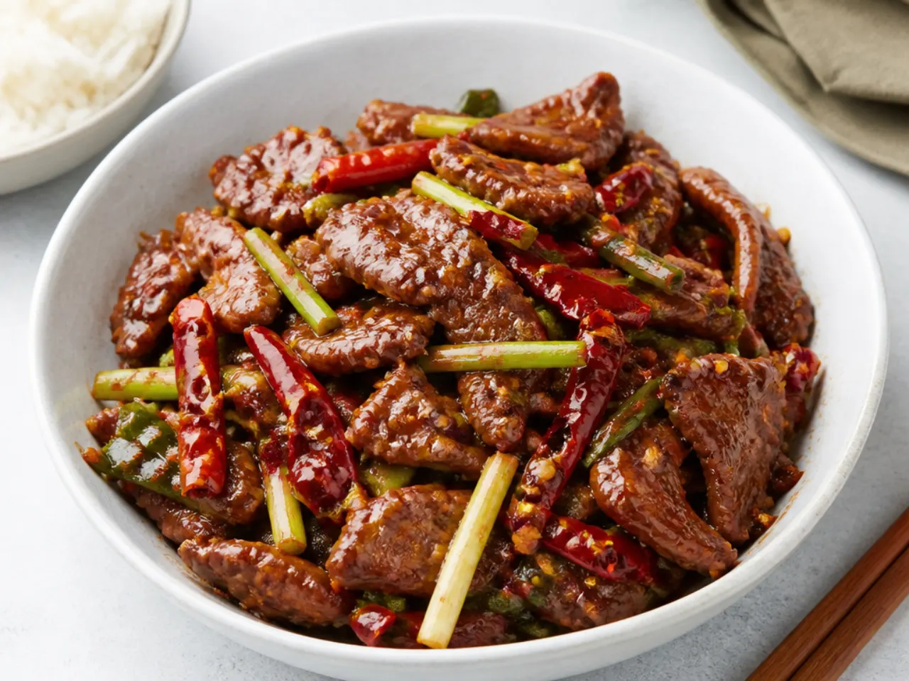 Spicy Sichuan-style authentic Mongolian beef with dried red chillies