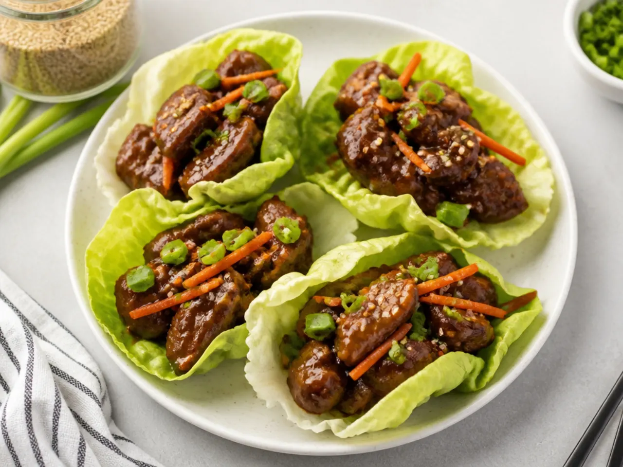 Mongolian beef lettuce wraps with carrots, spring onion and sesame seeds