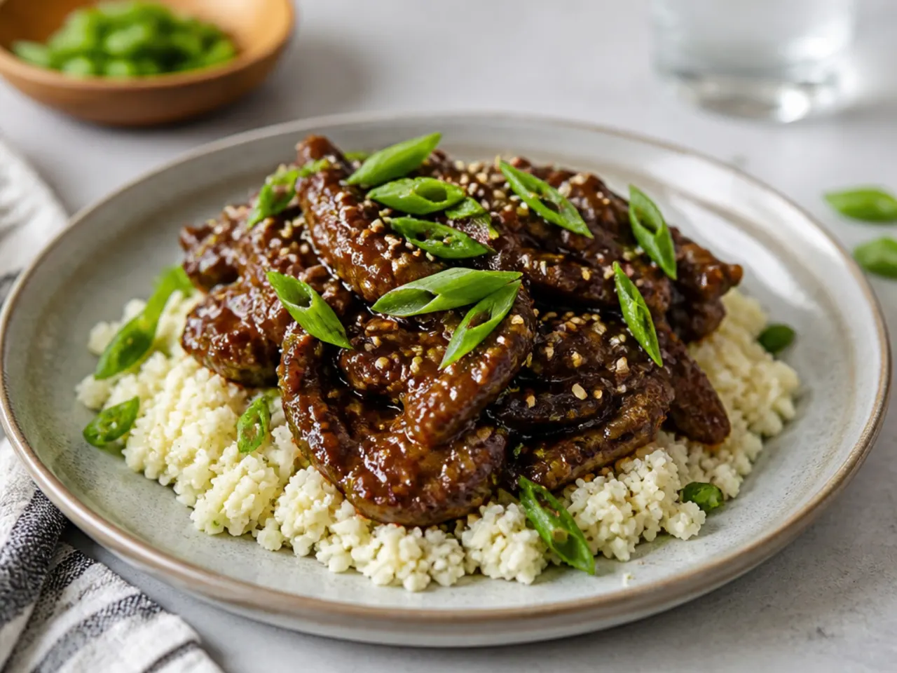 Keto authentic Mongolian beef served over cauliflower rice