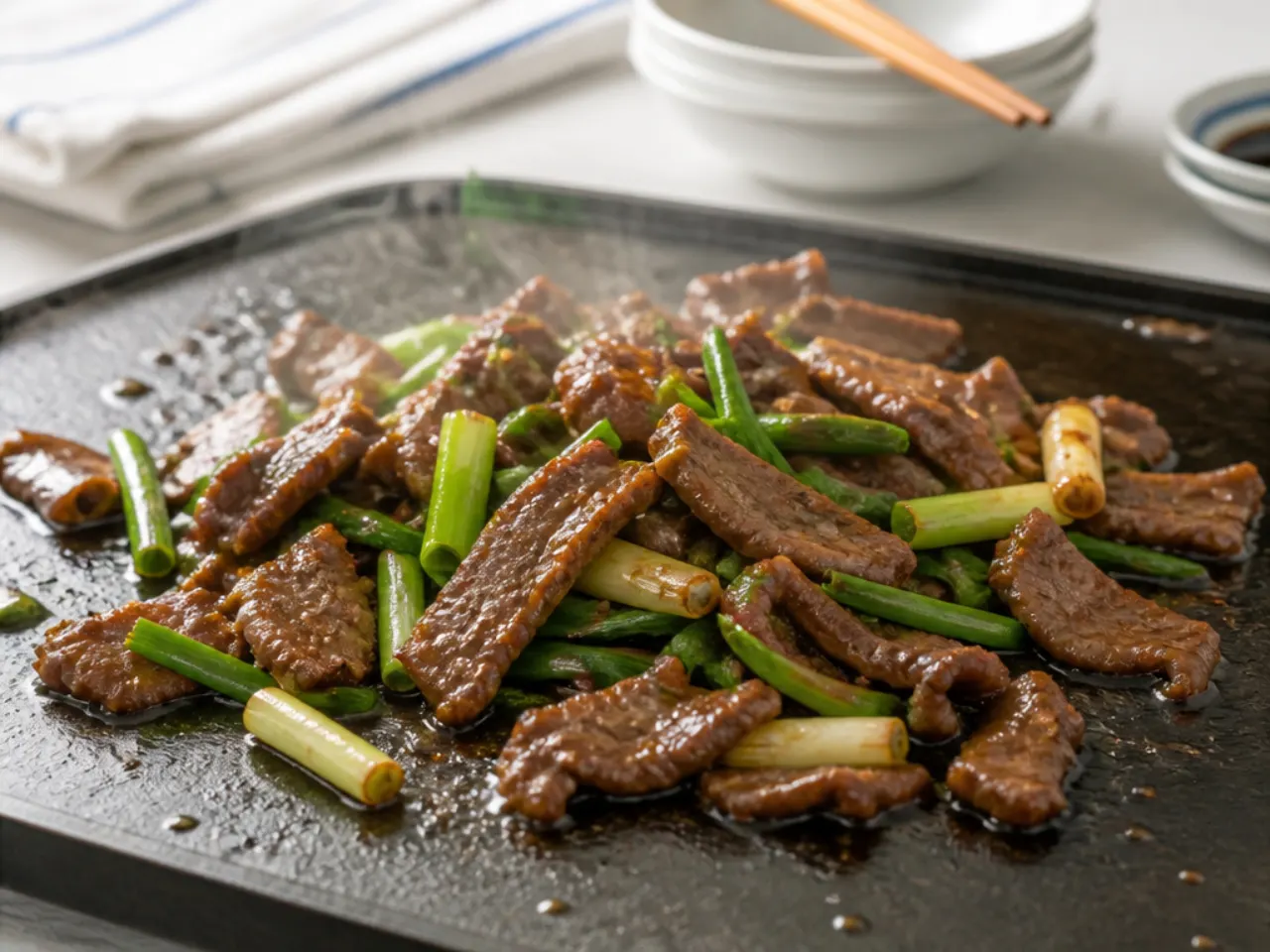 Taiwanese barbecue style Mongolian beef searing on a hot griddle