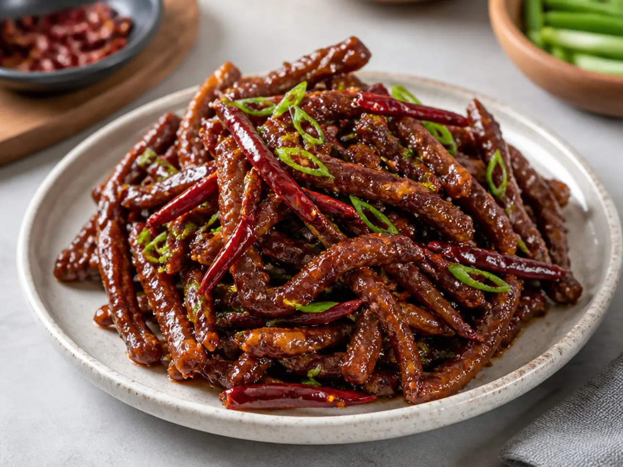Crispy shredded chilli Mongolian beef matchsticks in sticky glaze