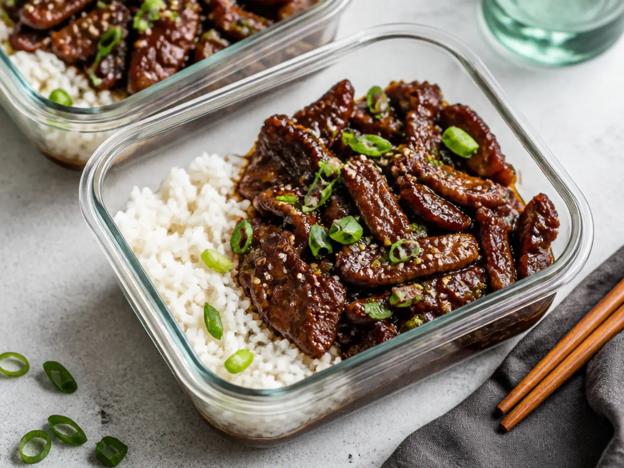 Mongolian beef meal prep rice bowls packed in glass containers