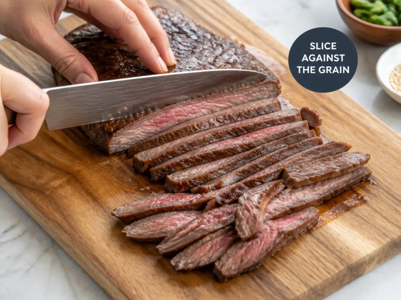 Slicing flank steak against the grain for authentic Mongolian beef