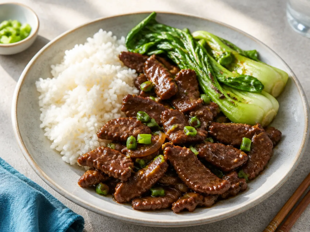 Authentic Mongolian beef dinner served with jasmine rice and pak choi