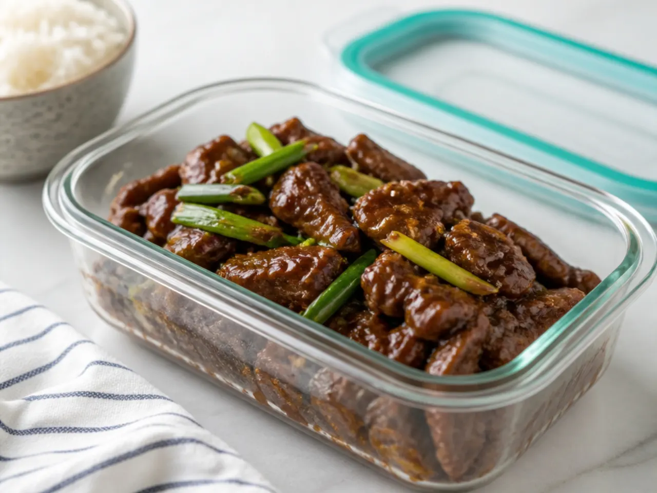 Mongolian beef leftovers stored in an airtight container for reheating