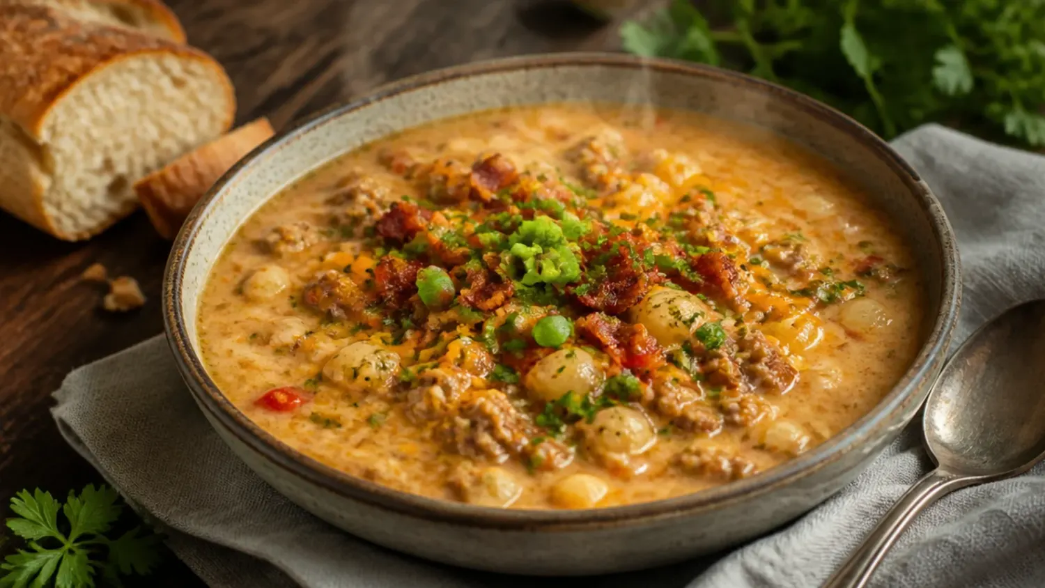 Overhead shot of a rustic bowl of bacon cheeseburger soup topped with melted cheddar, crispy bacon bits and chopped chives, with small bowls of extra toppings alongside
