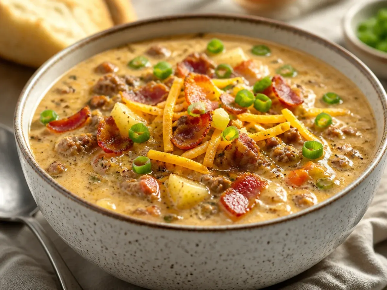 Overhead view of a pot of bacon cheeseburger soup surrounded by bowls of shredded cheese, chopped bacon and diced potatoes