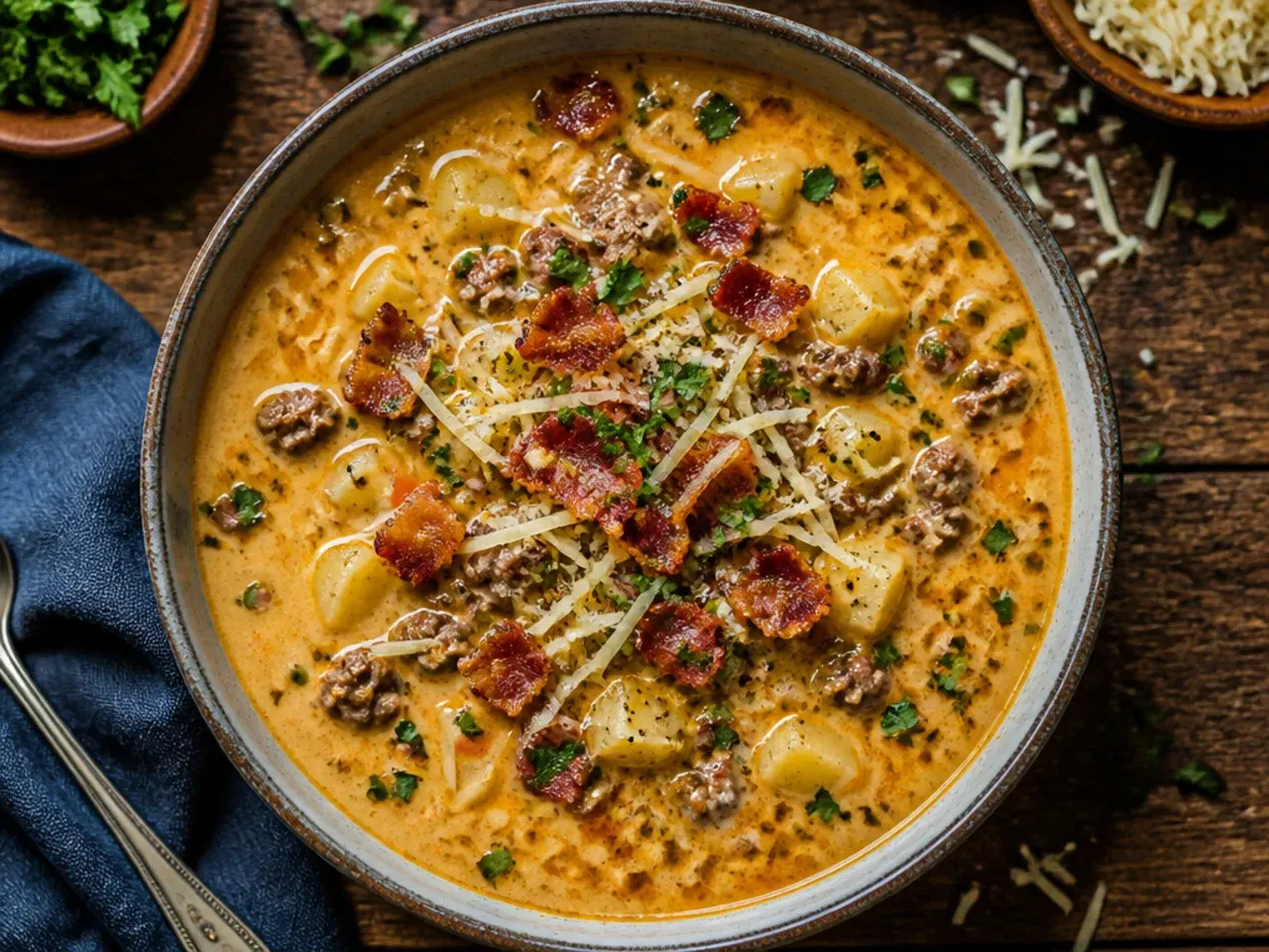 Close-up of classic bacon cheeseburger soup in a white bowl with a swirl of melted cheddar on top