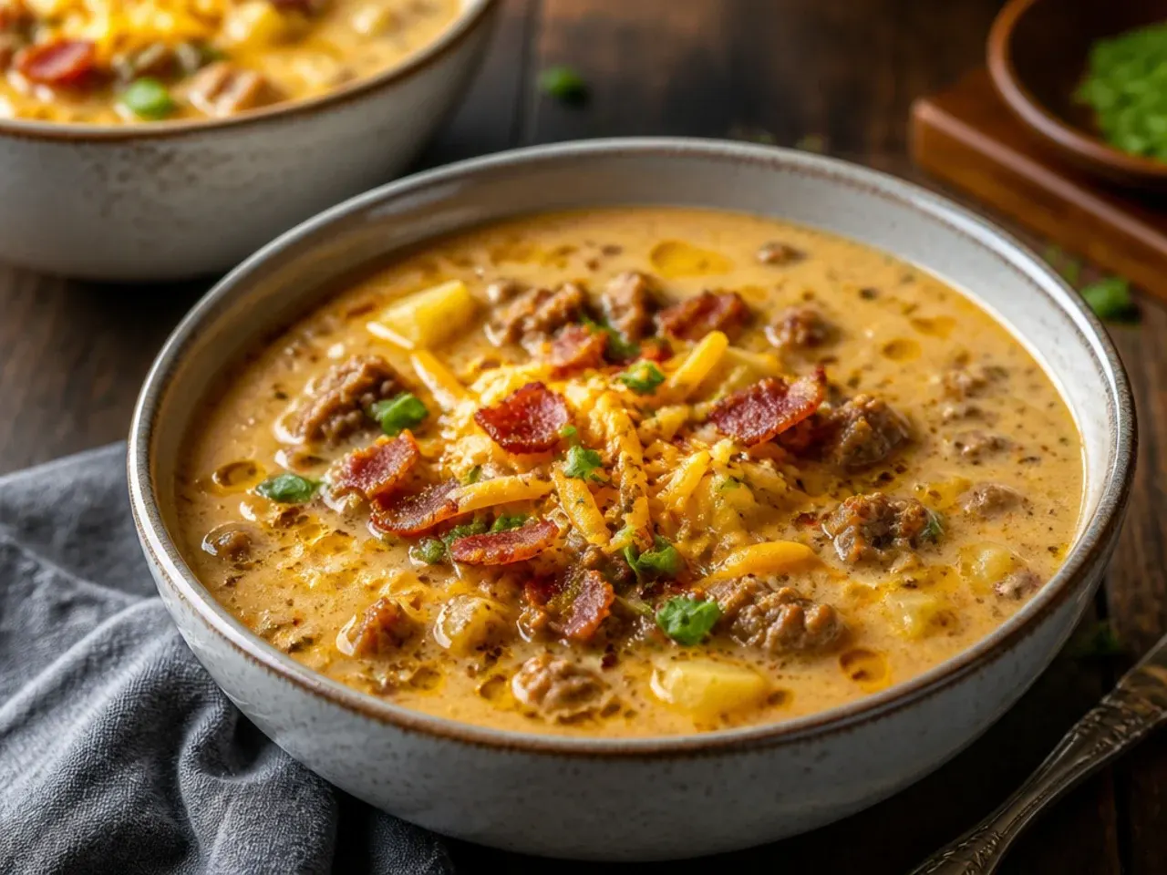 Quick weeknight bacon cheeseburger soup being ladled from a pot into a bowl