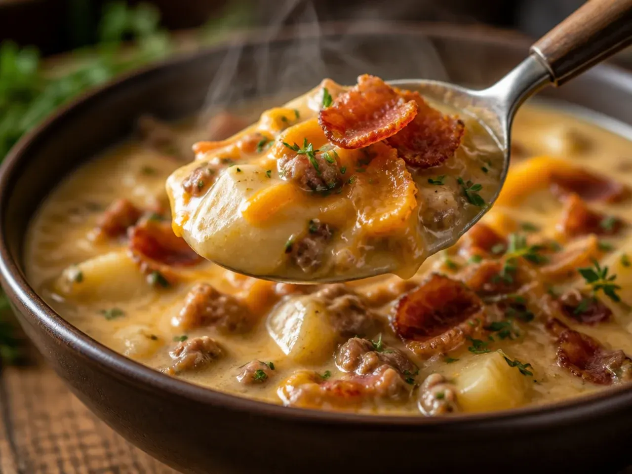 Thick, chunky bacon cheeseburger soup loaded with diced skin-on potatoes