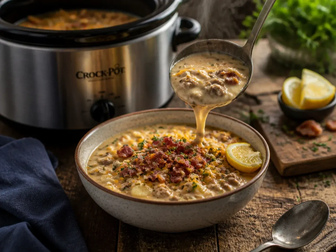 Slow cooker filled with bacon cheeseburger soup, lid resting to the side