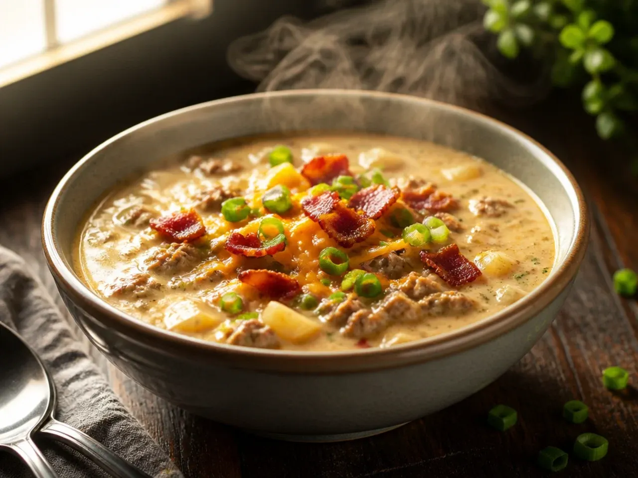 Spoon lifting a swirl of extra-creamy bacon cheeseburger soup from the bowl