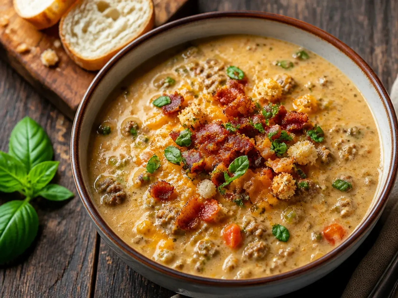 Simple pantry-style bacon cheeseburger soup in a bowl with minimal garnish
