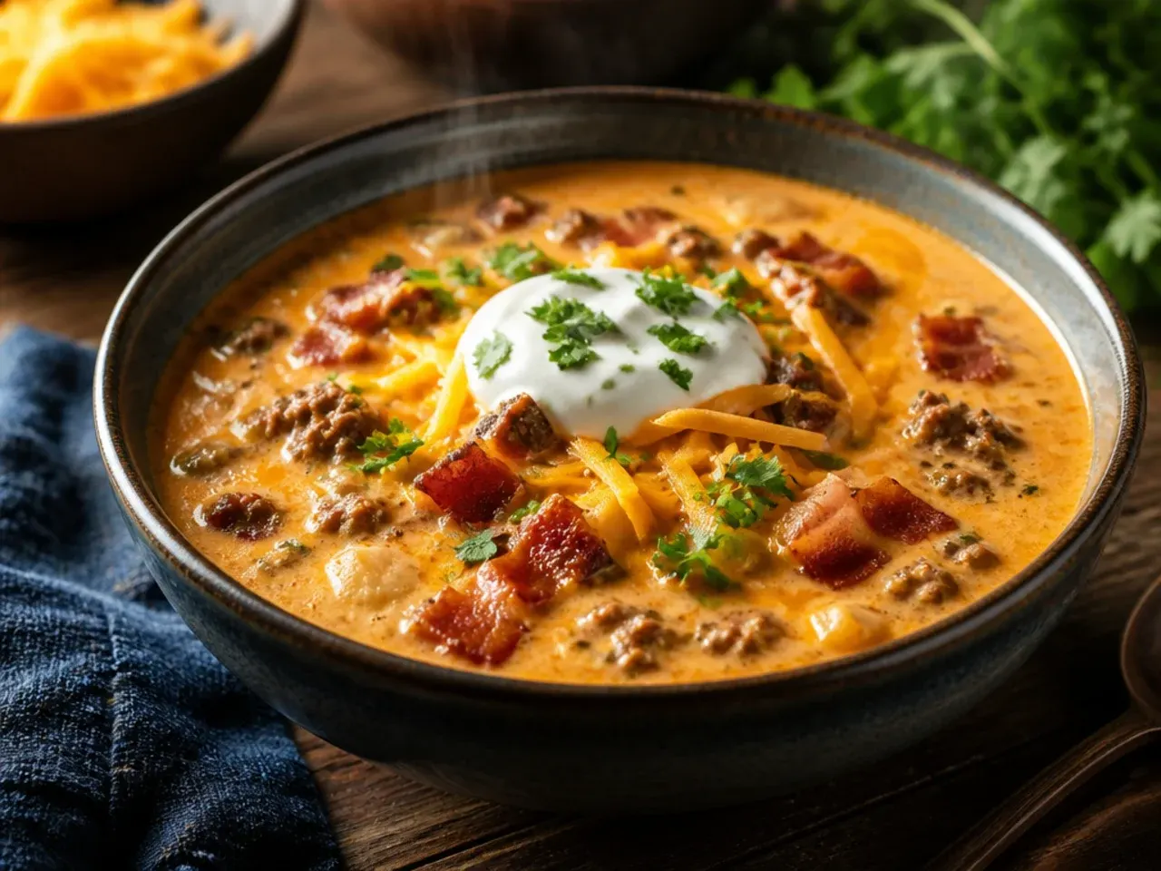 Bowl of bacon cheeseburger soup topped with a generous mound of melted cheddar
