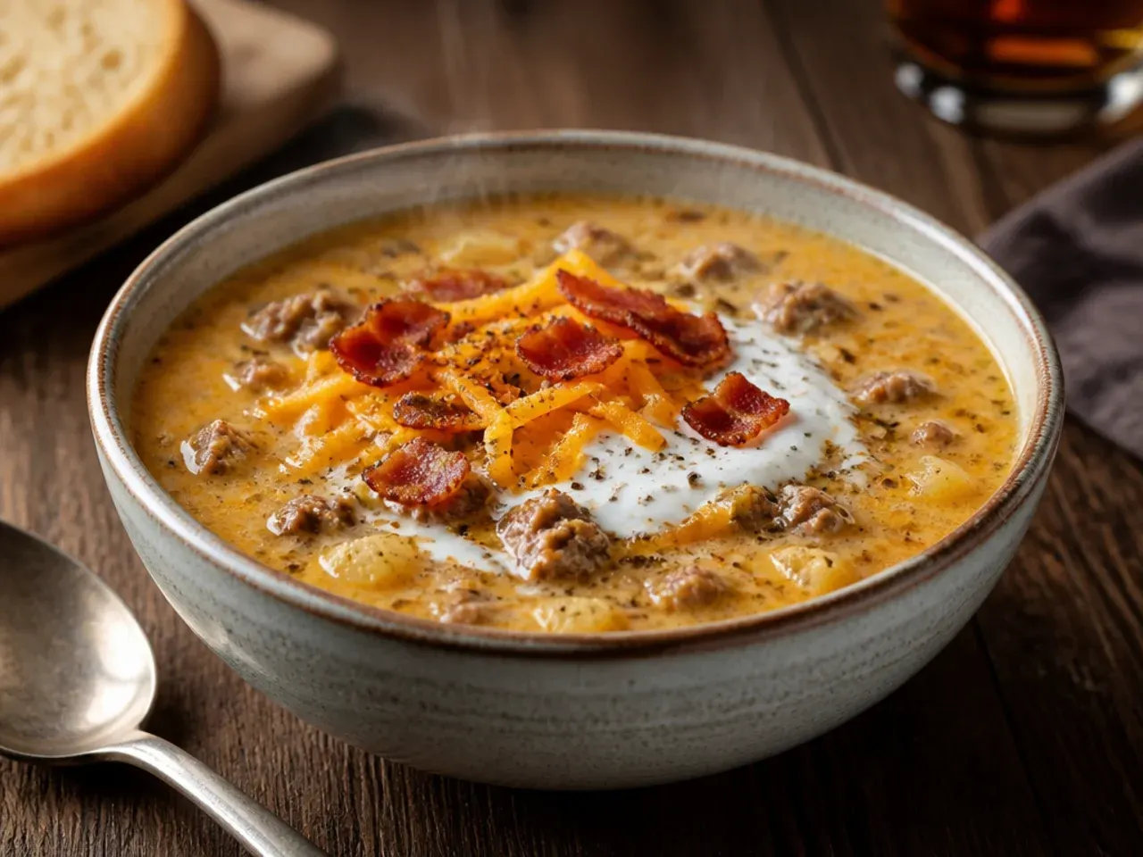 Bowl of bacon cheeseburger soup with crusty bread on the side, steam rising