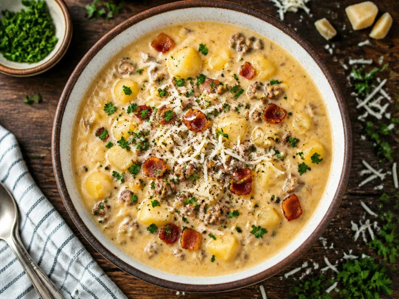 Budget-friendly bacon cheeseburger soup made with simple pantry ingredients