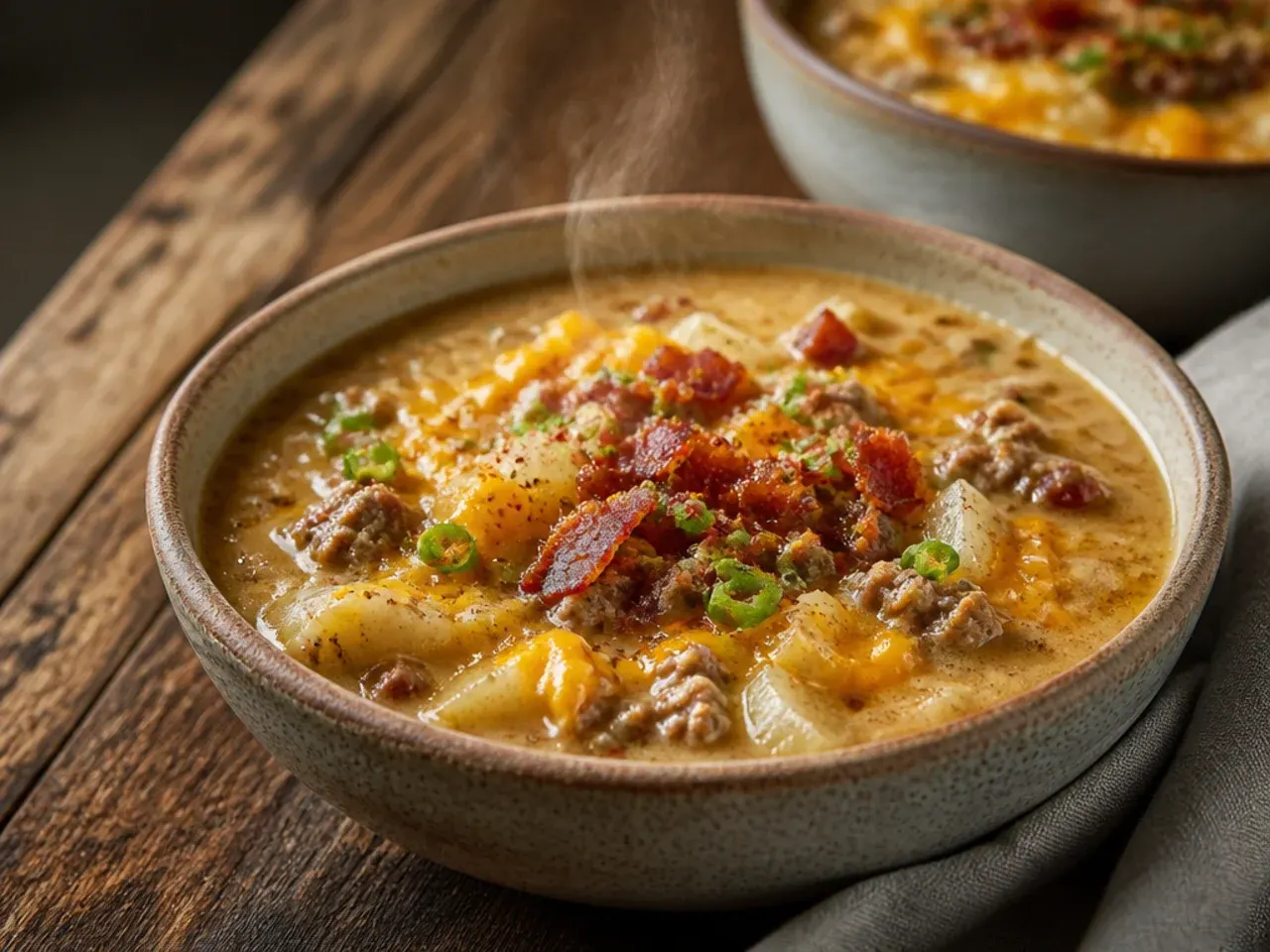 Electric pressure cooker with bacon cheeseburger soup being stirred inside