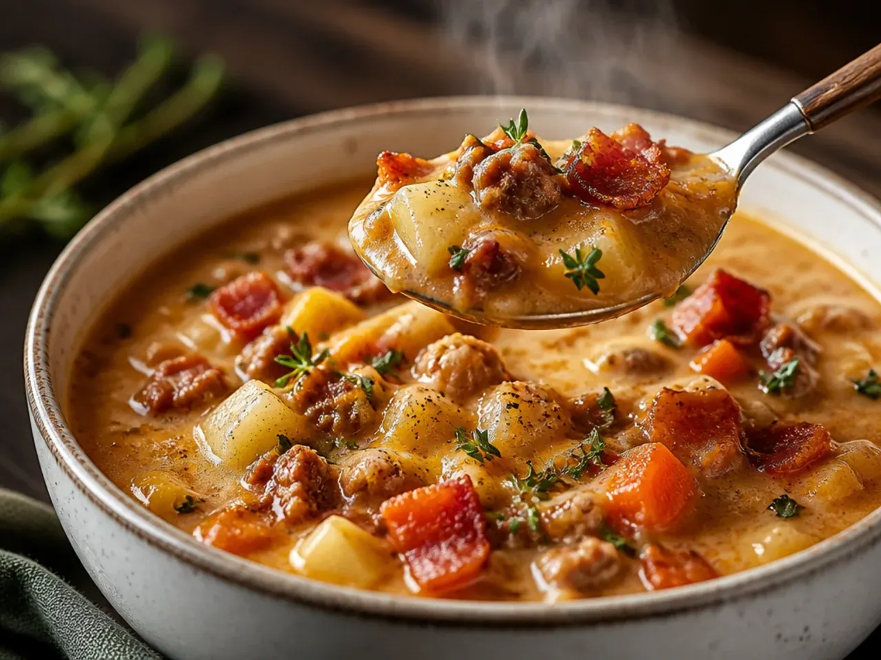 Rustic bacon cheeseburger soup with visible chunks of carrot, celery and potato