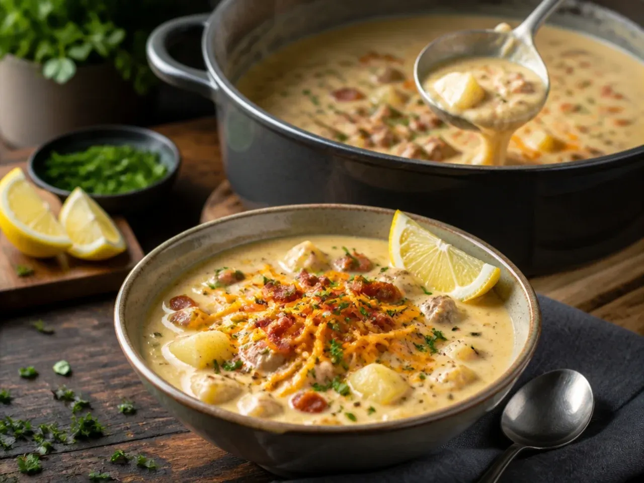 Bacon cheeseburger soup loaded with sour cream, bacon bits, chives and cheese