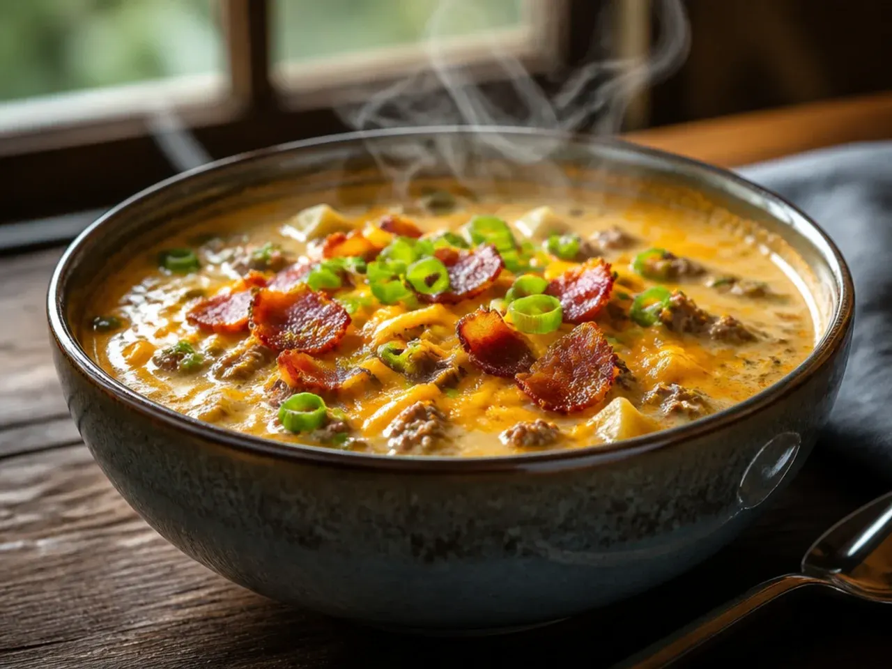 Large stockpot of family-size bacon cheeseburger soup with a ladle resting inside