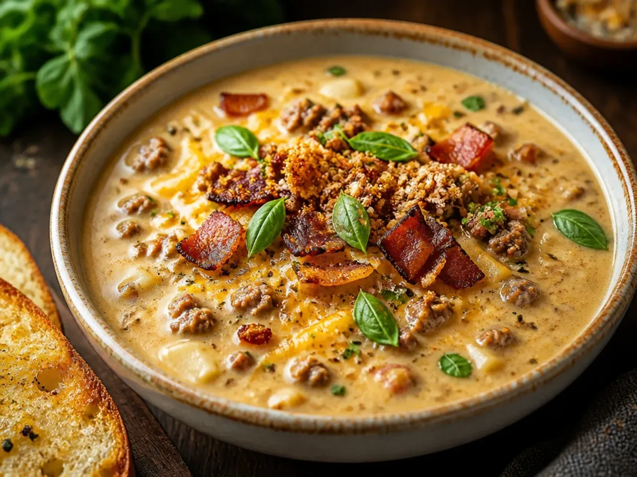 Rich, dark bacon cheeseburger soup with steak seasoning and a steakhouse-style garnish