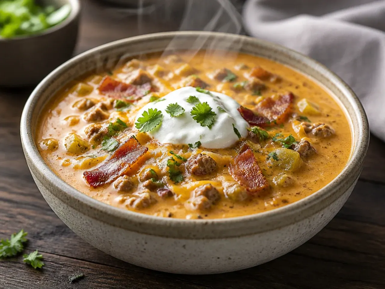 Bacon cheeseburger soup thickened by mashing potatoes in the pot, thick and smooth in a bowl
