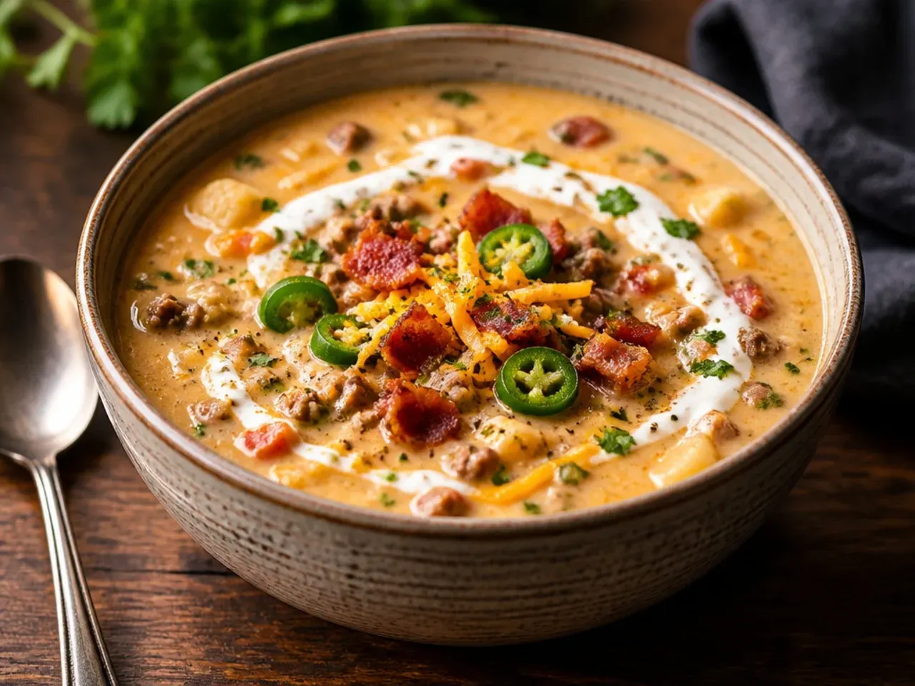 Spicy bacon cheeseburger soup topped with sliced jalapeños and melted pepper-jack