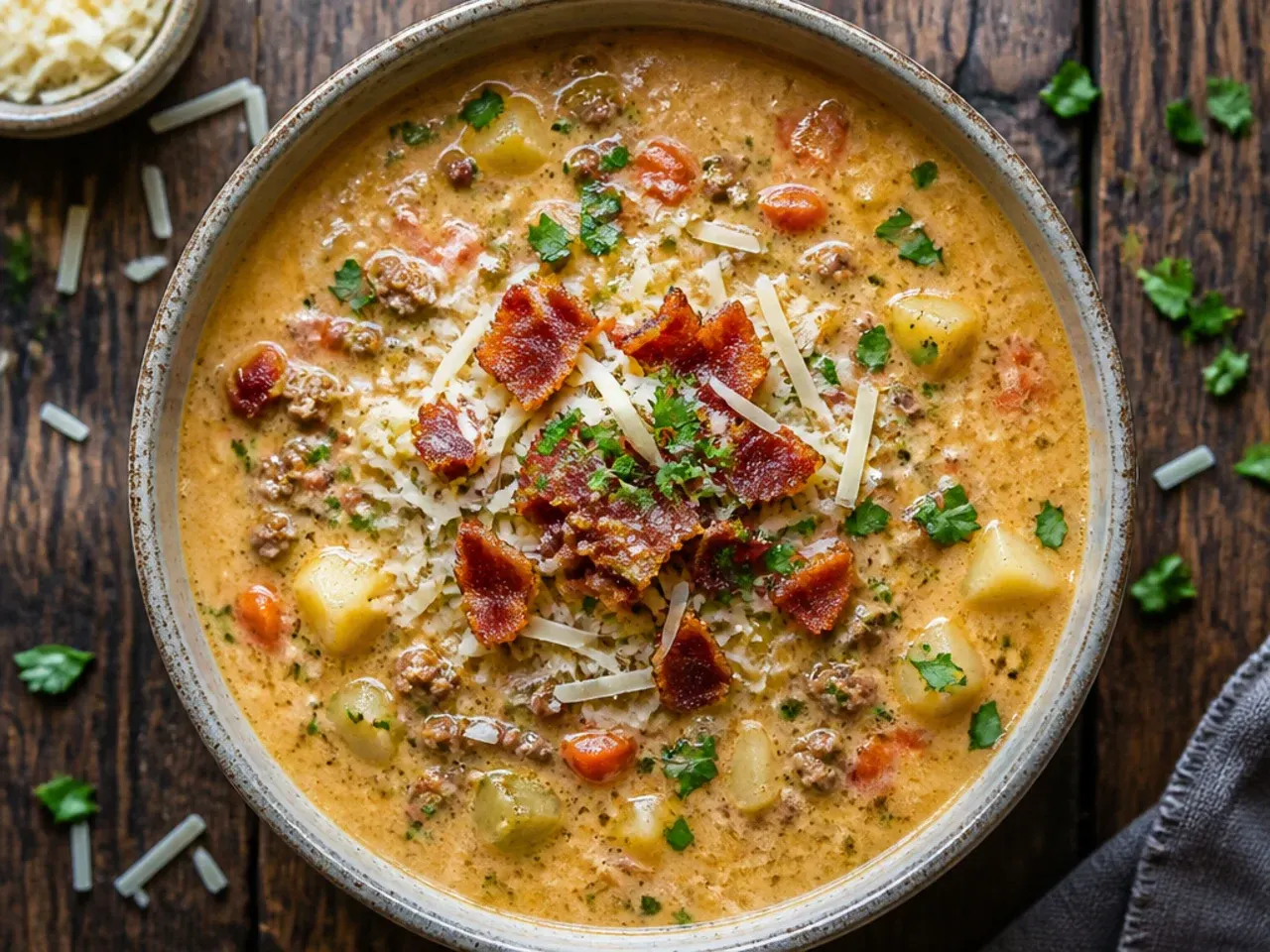 Smoky bacon cheeseburger soup with extra crispy bacon lardons scattered on top