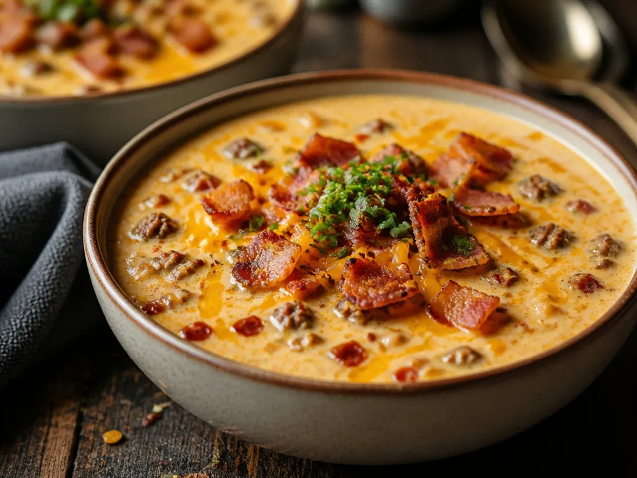 Bacon cheeseburger soup with a beer cheese base, foamy edge visible in the bowl