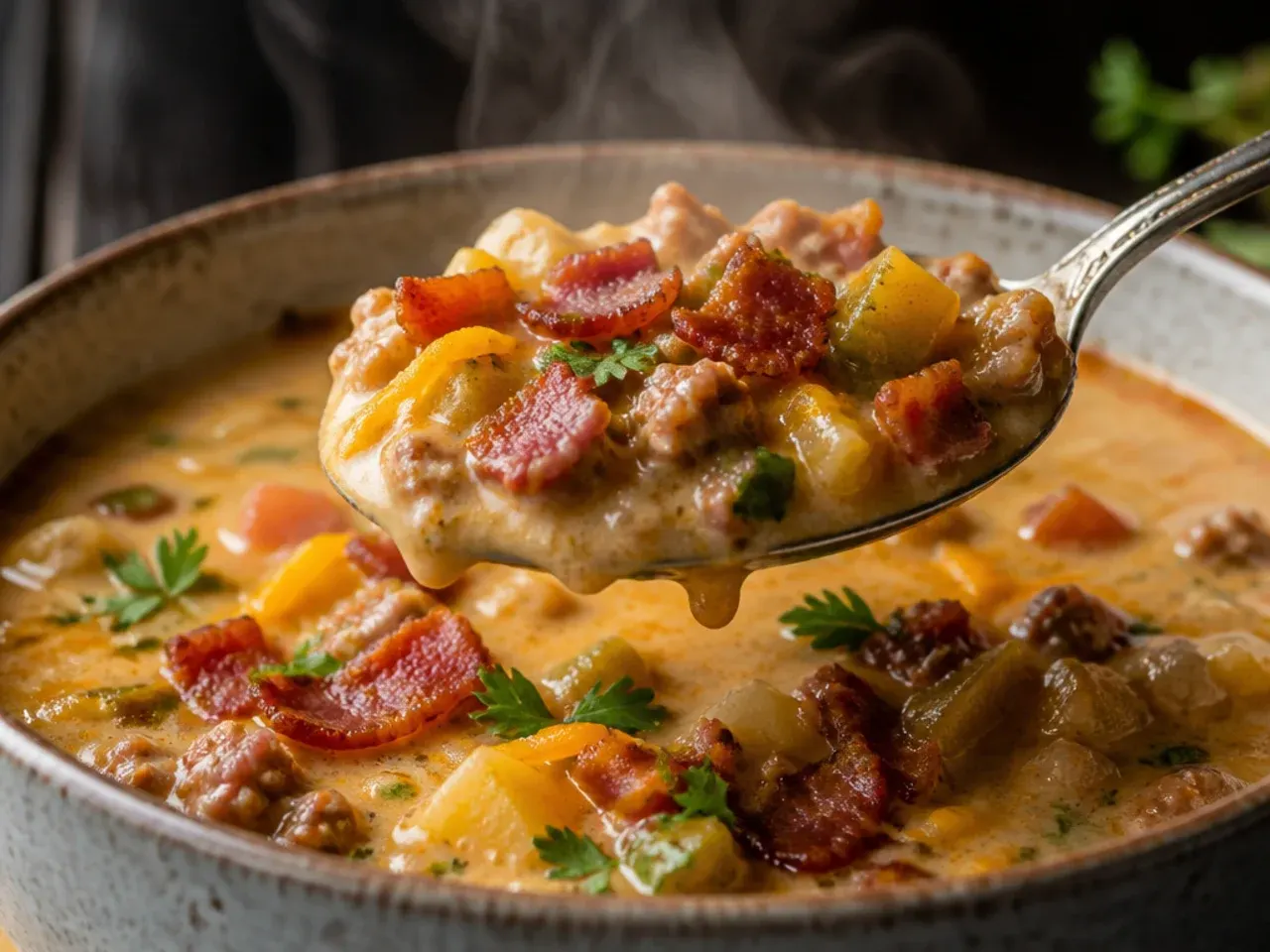 Tex-Mex style bacon cheeseburger soup topped with avocado, lime and crushed tortilla chips