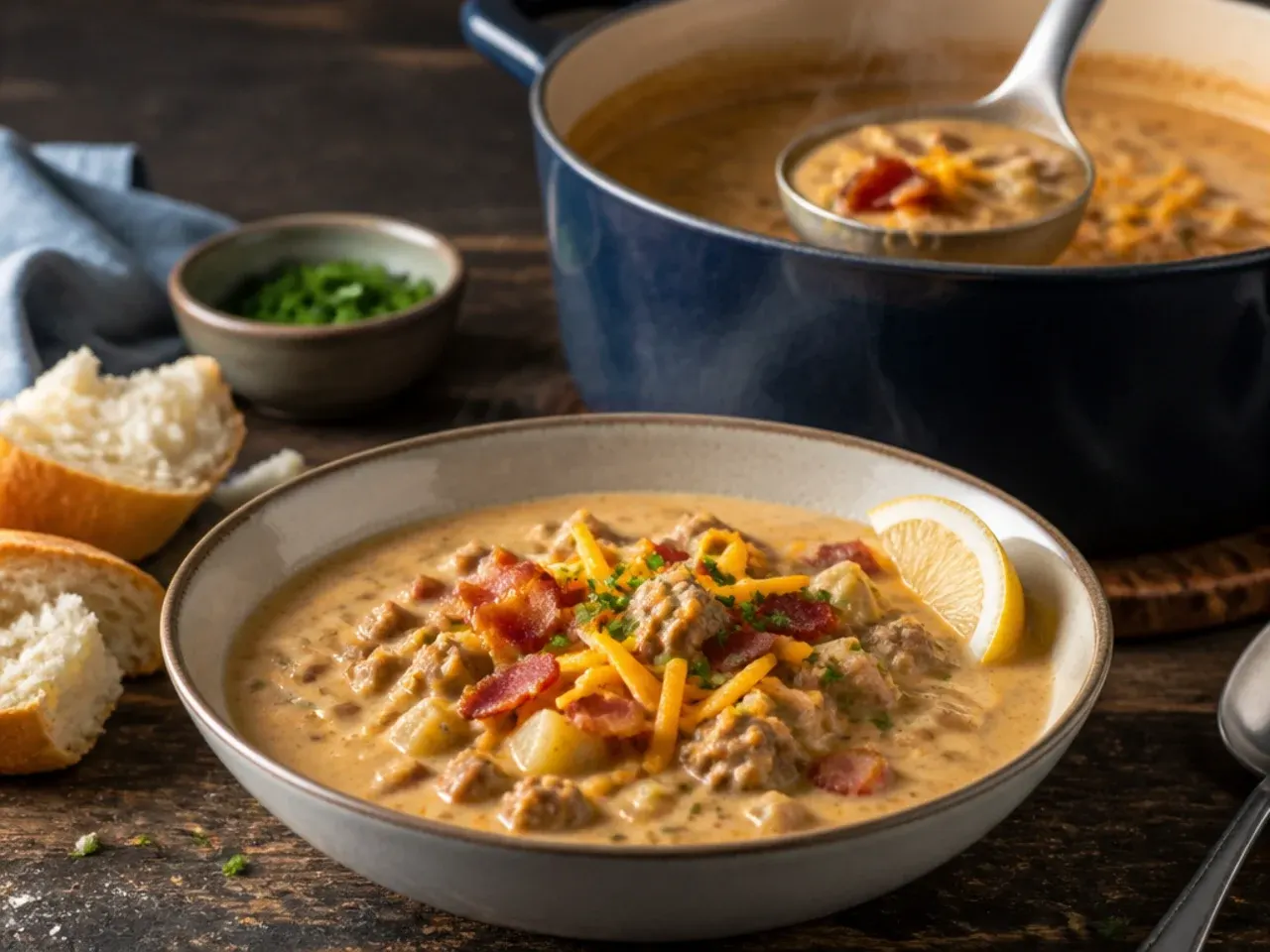 Bacon cheeseburger soup with a swirl of ranch dressing on top