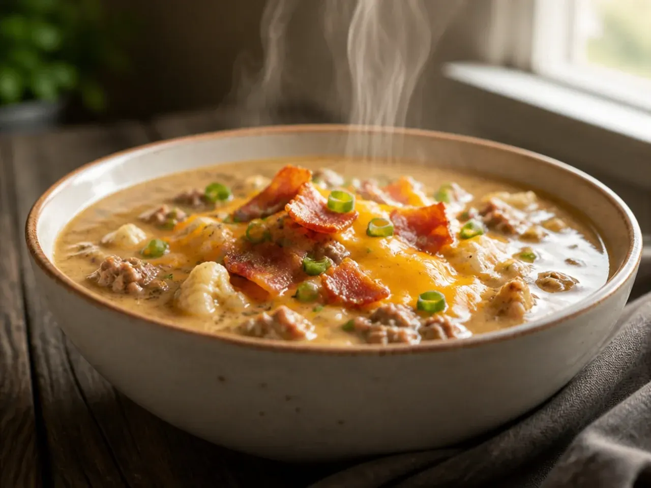 Low-carb bacon cheeseburger soup made with cauliflower instead of potato