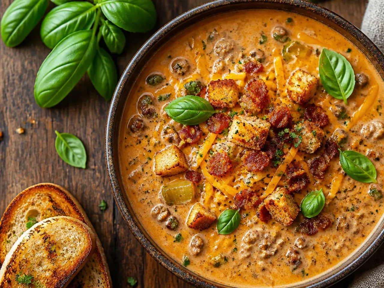 Gluten-free bacon cheeseburger soup thickened with cornflour, smooth and glossy