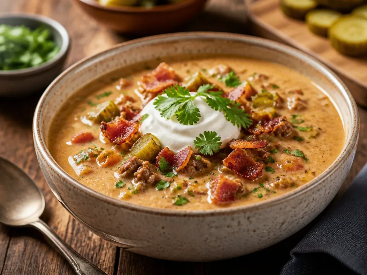 Bacon cheeseburger soup topped with chopped dill pickles