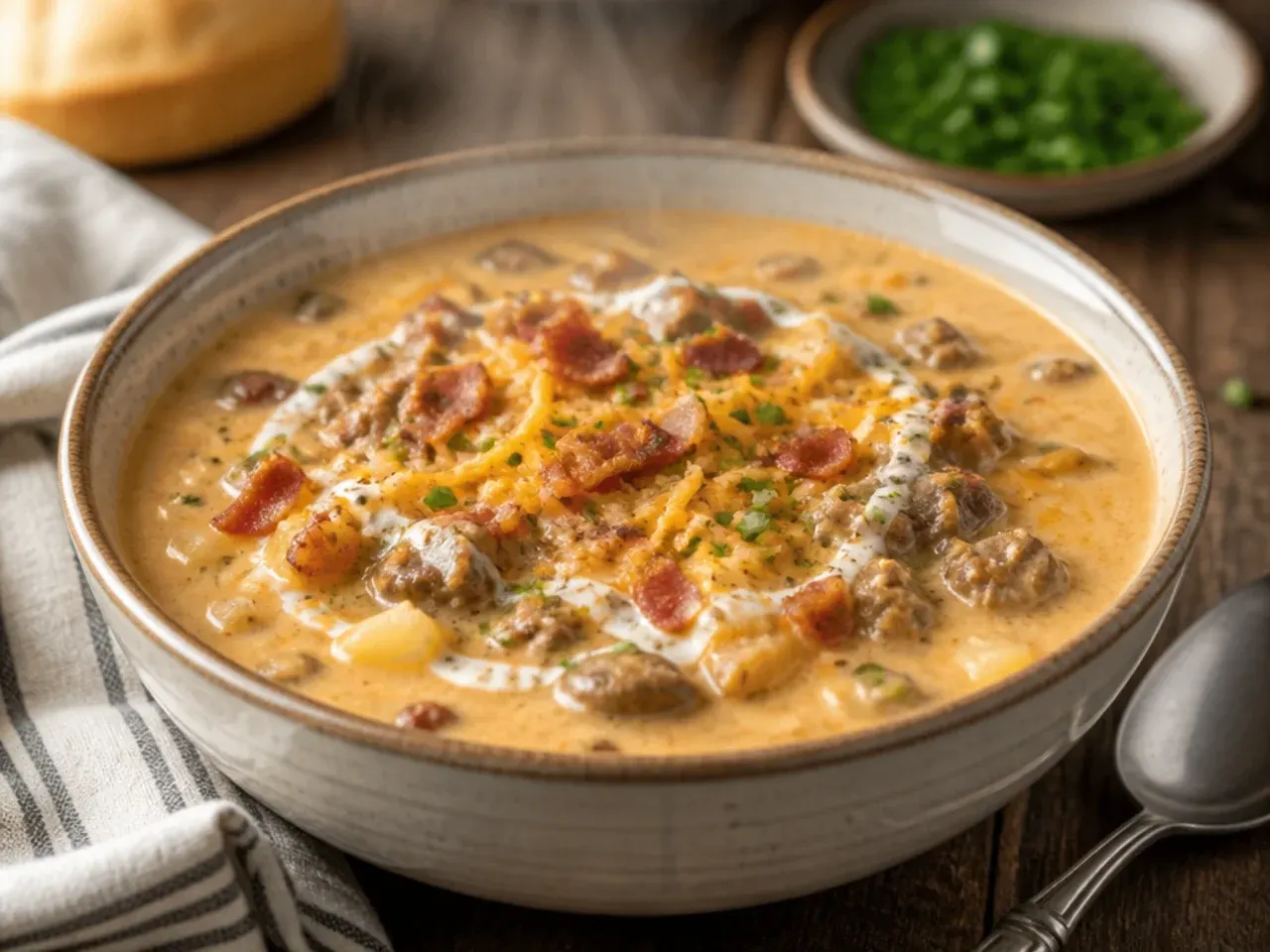 Bacon cheeseburger soup with sautéed mushrooms and melted Swiss cheese