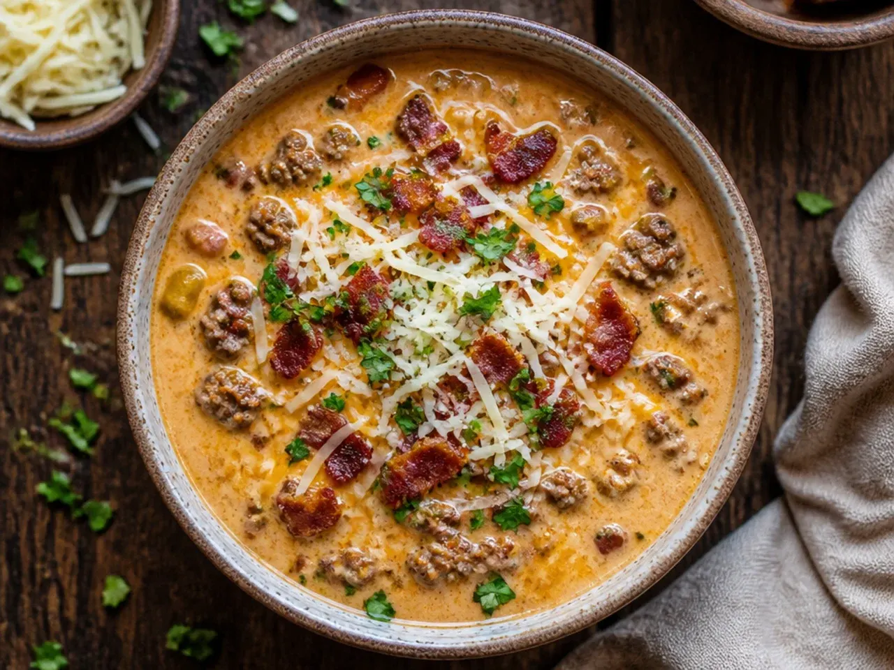 BBQ-style bacon cheeseburger soup topped with crispy fried onions