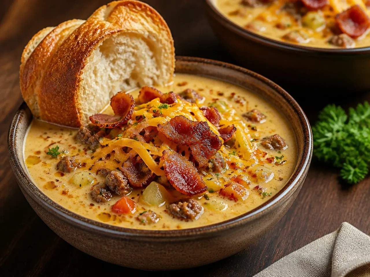 Bacon cheeseburger soup served in a hollowed-out sourdough bread bowl