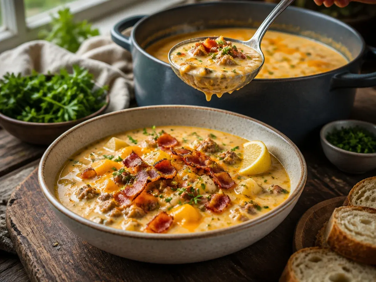 Lighter bacon cheeseburger soup made with turkey mince and turkey bacon