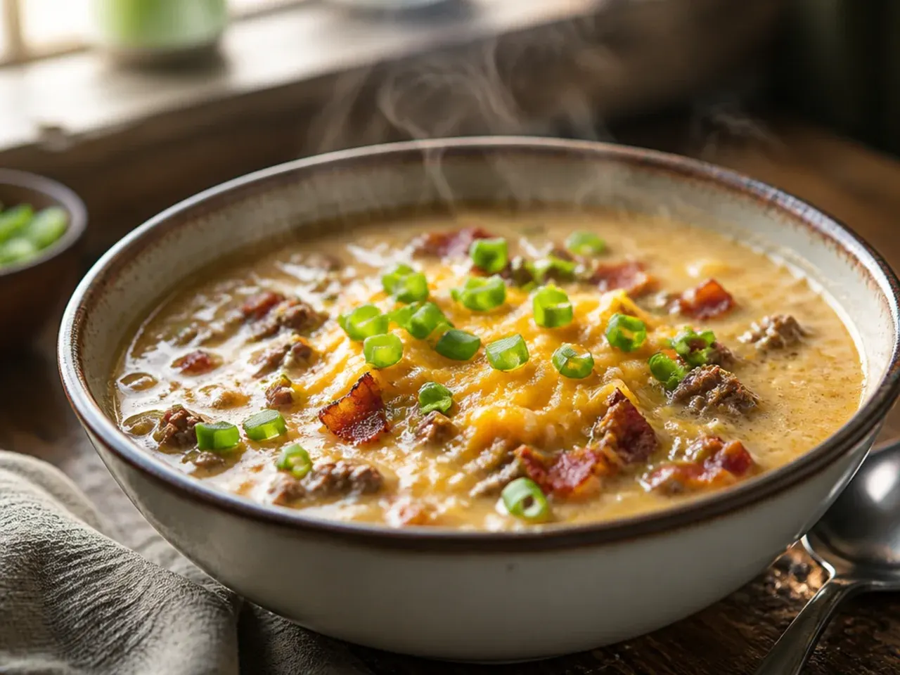 Diner-style bacon cheeseburger soup with melted American cheese and a bread roll